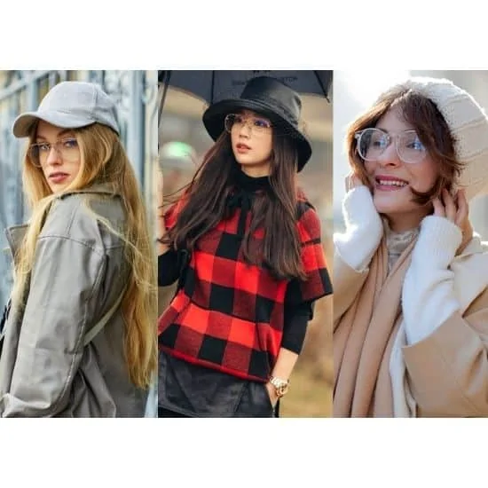 hat and clear frame glasses