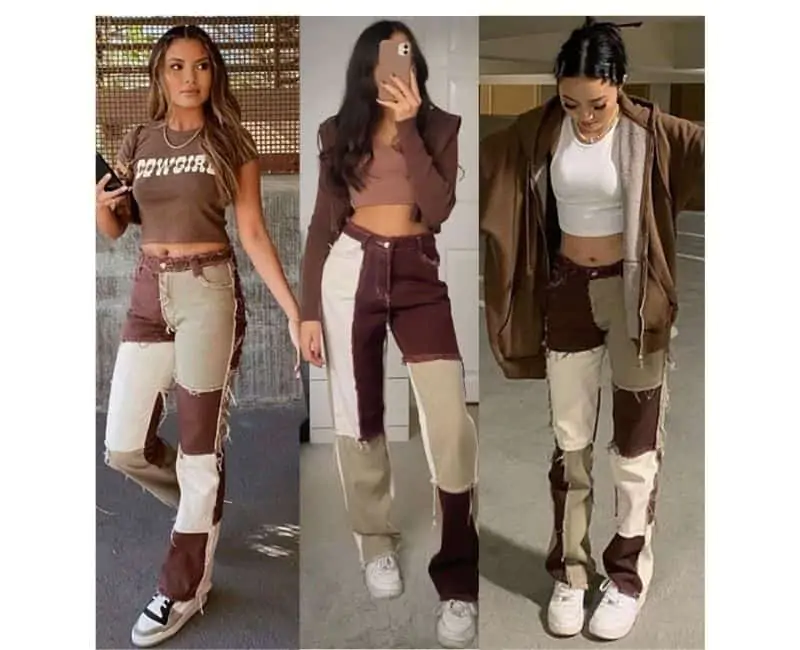 what to wear with brown patchwork jeans
