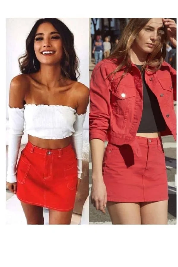 red denim skirt outfit ideas