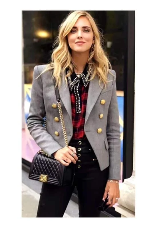 black chanel boy bag with blazer