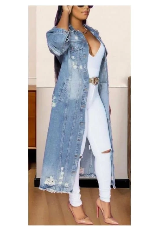 Long denim jacket and sleeveless jumpsuit outfit how to style jumpsuit women outfit