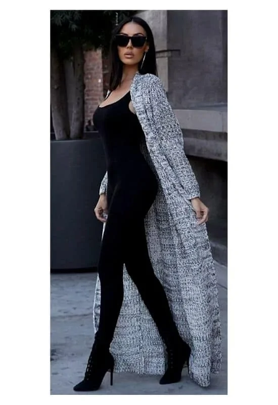 Wear a Maxi cardigan over a sleeveless jumpsuit