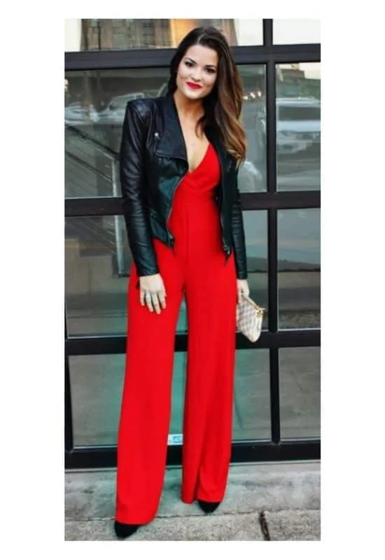 red jumpsuit outfit ideas and moto jacket