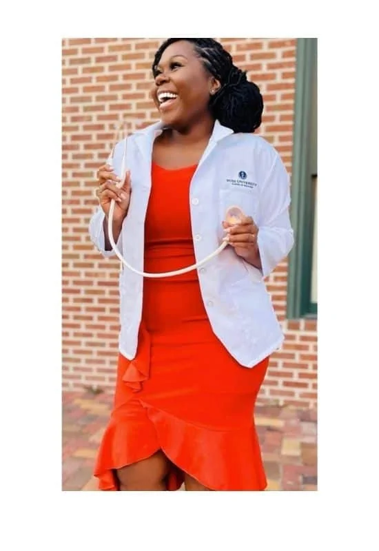 White coat ceremony red dress