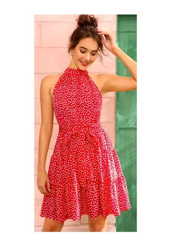 messy bun with halter neck dress