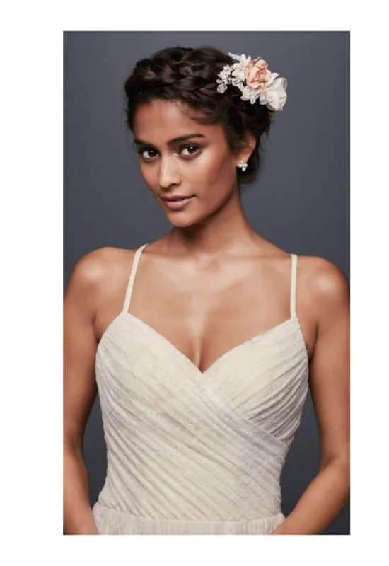 Spaghetti strap wedding dress hairstyle