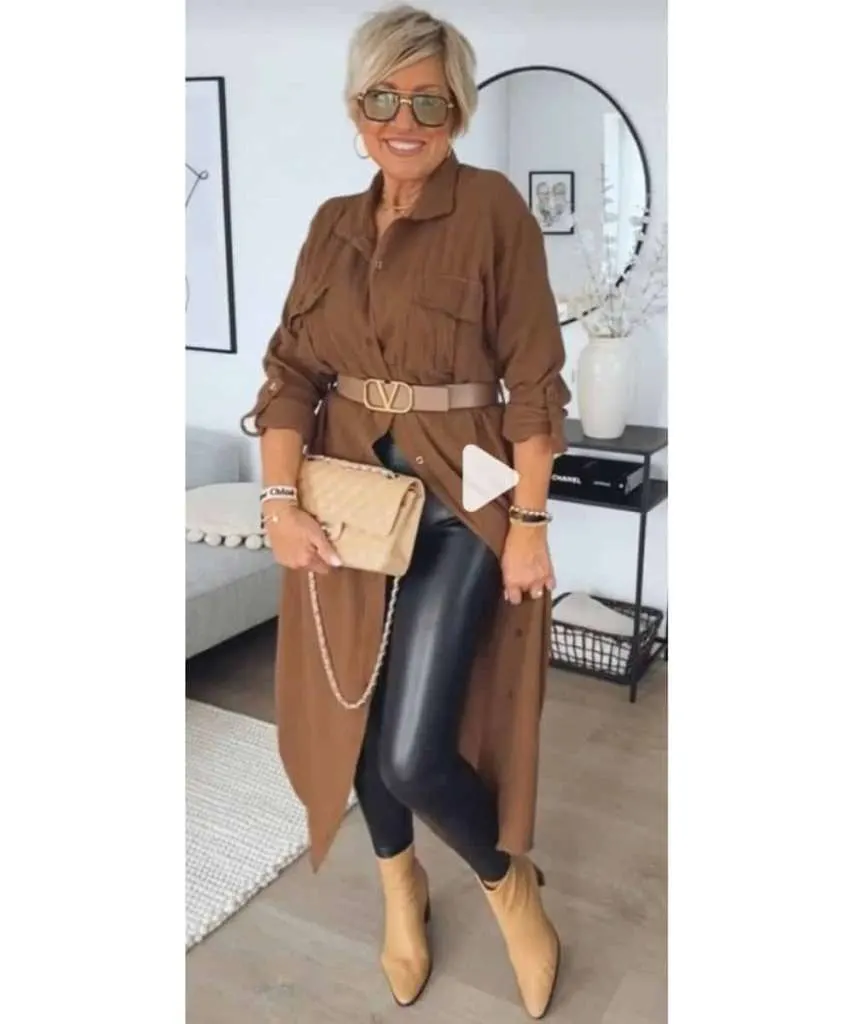 Long shirt dress leather leggings hip outfits street style