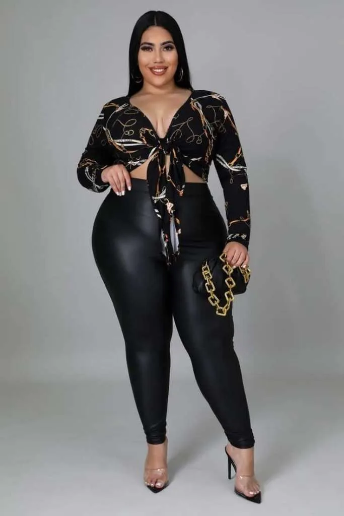 Front-tie crop top and faux leather leggings 