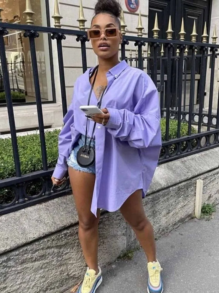 purple oversized shirt black girl