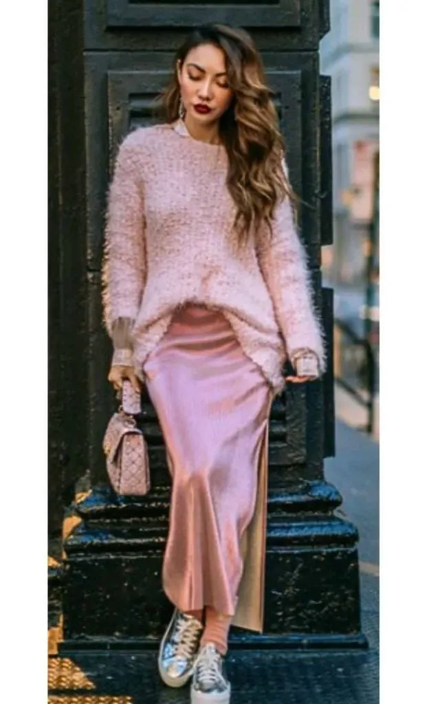 pink monotone dress and sneaker outfit