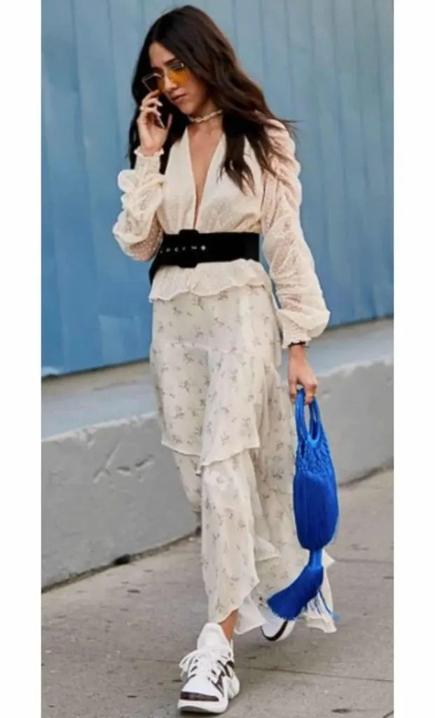 feminine dress with sneaker outfit