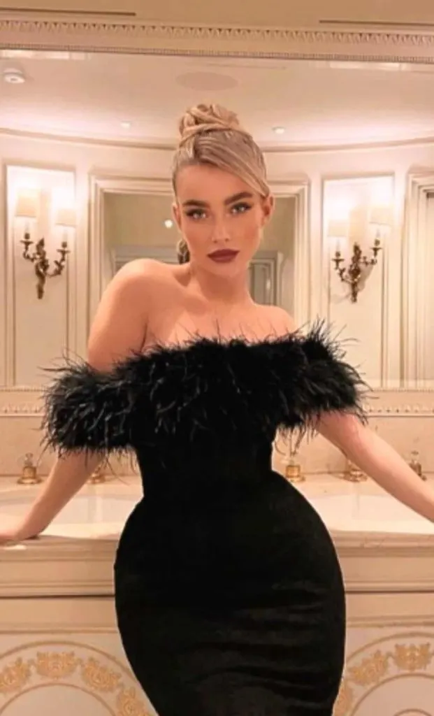 feather black dress mafia wife inspired