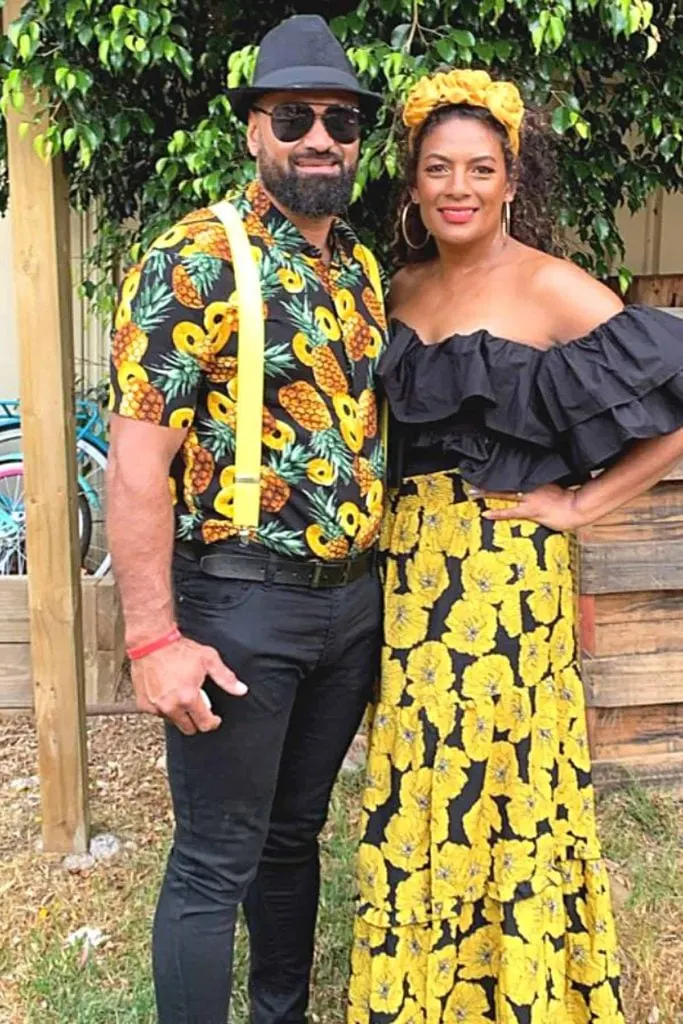 pineapple shirt and yellow floral dress