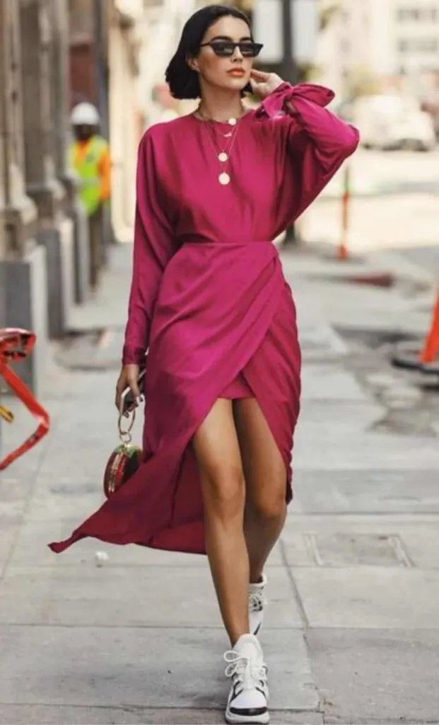 pink dress and sneaker outfit
