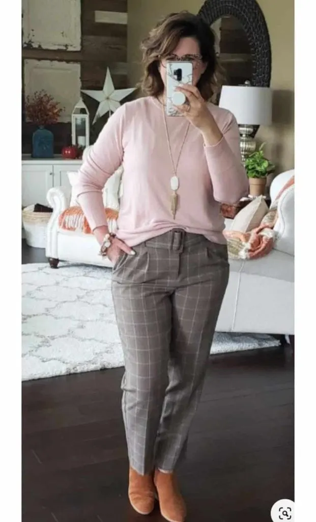 plaid pants and ankle boots over 50