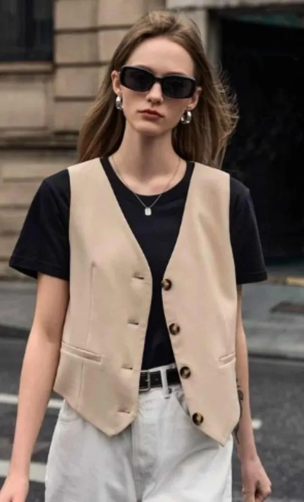 black tee and waistcoat