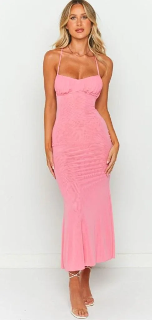 sleek bun spaghetti strap dress