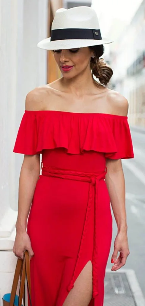White hat red dress outfit