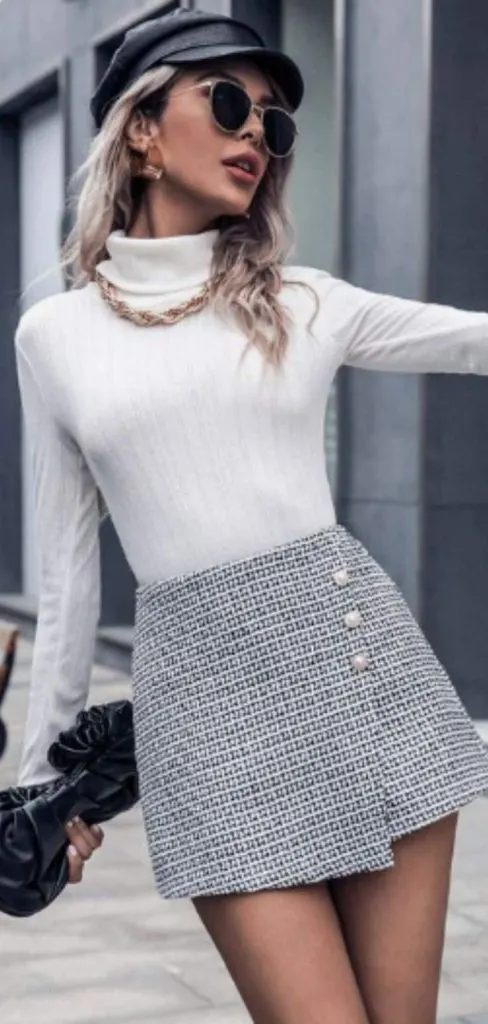 white turtleneck and tweed skort
