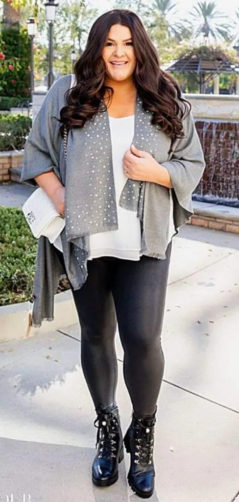 poncho faux leather leggings outfit idea
