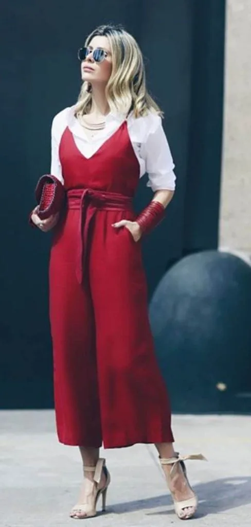 long red romper white shirt