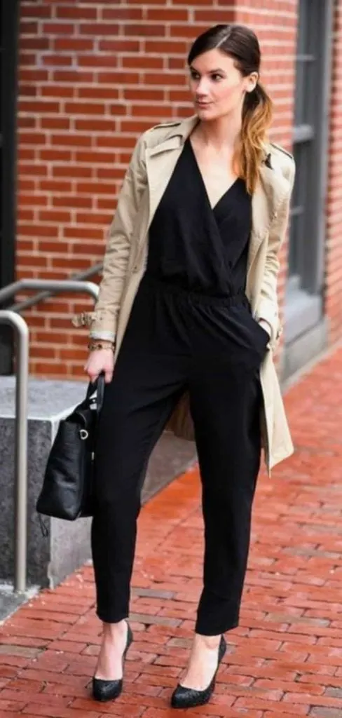 trench coat and jumpsuit how to style jumpsuit women outfit
