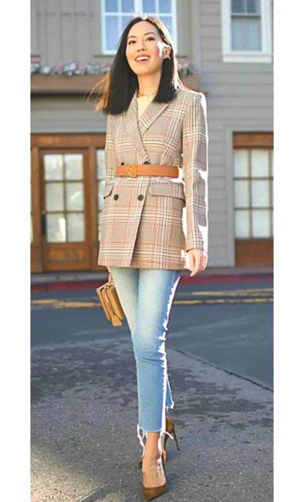 belted blazer and jeans work attire