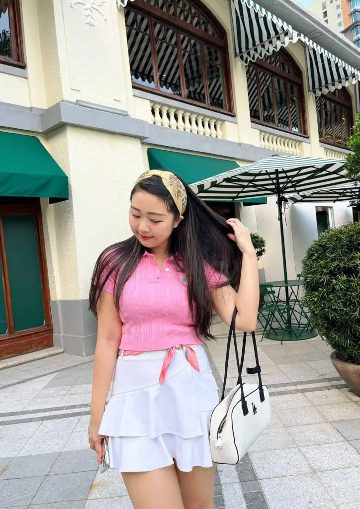 pink polo white skirt outfit rich outfit