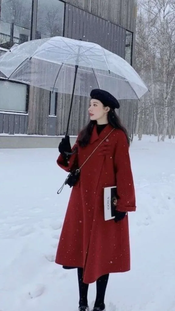 snow outfit aesthetic red jacket