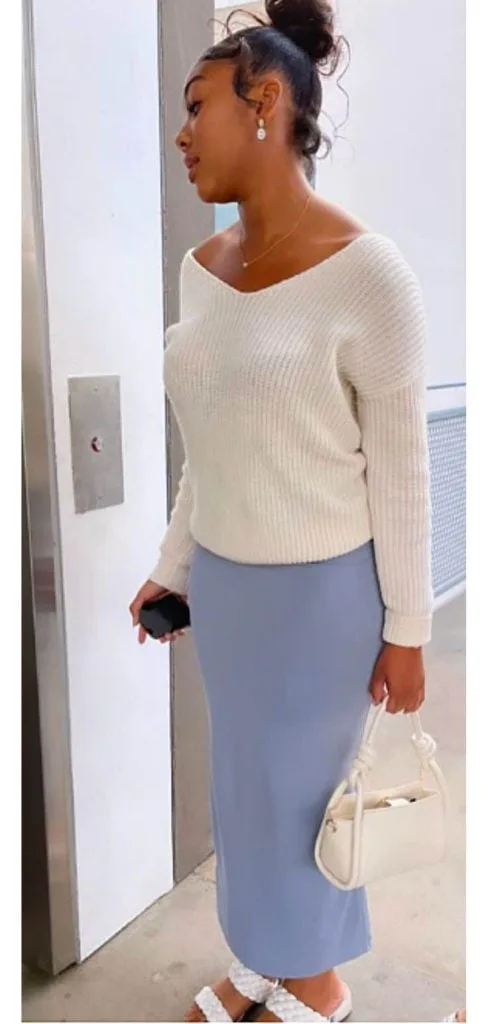 white and pastal blue outfit idea