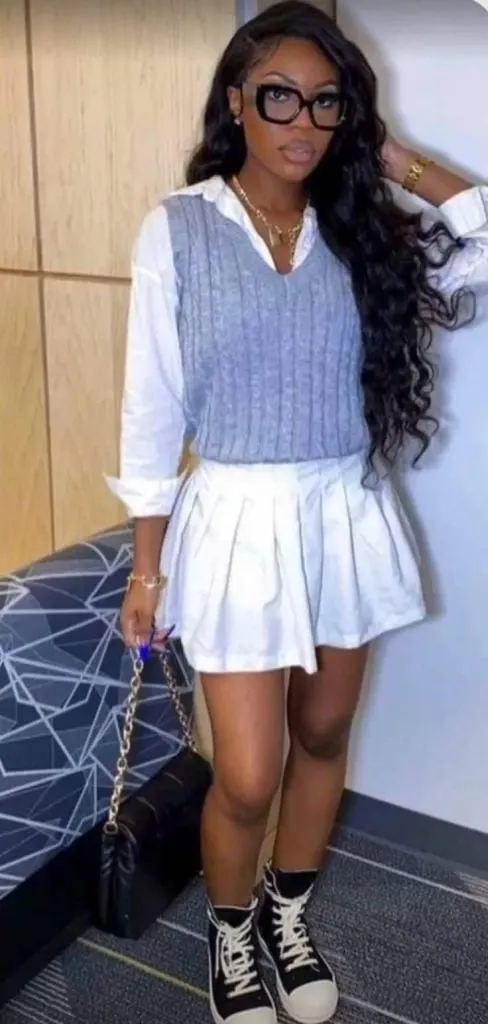 school girl mini skirt and sneakers outfit black girl