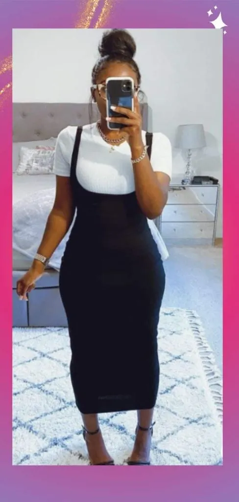 black pinafore overall dress for broad shoulder