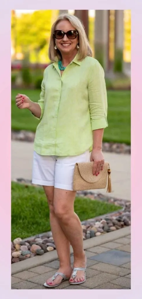 linen top and white shorts