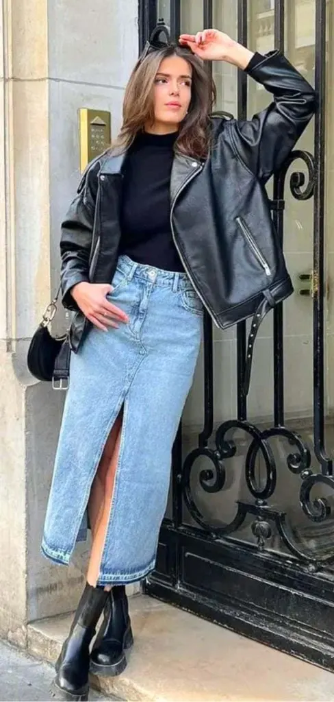 what to wear long denim skirt 