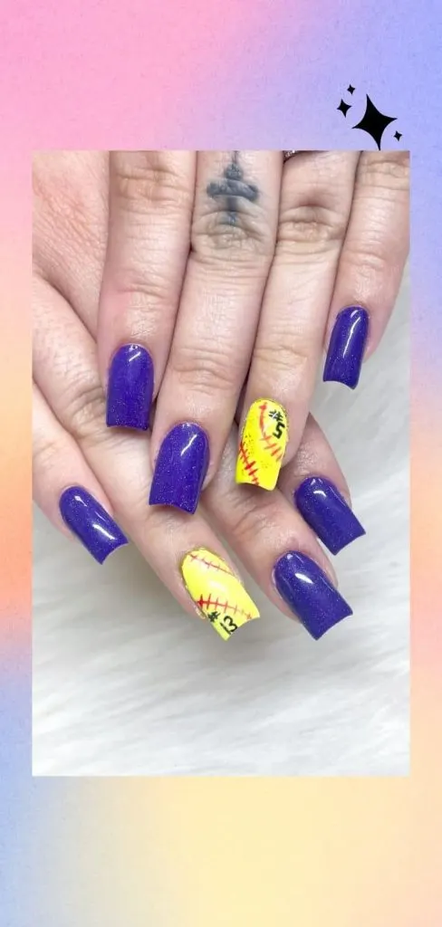 cute softball nail ideas purple yellow