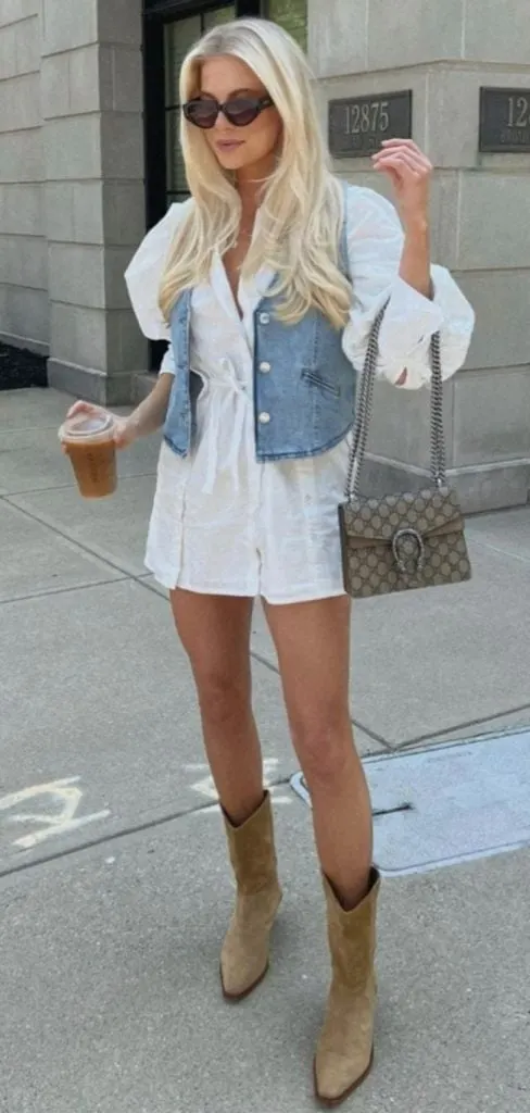 cropped denim vest and cowboy boots