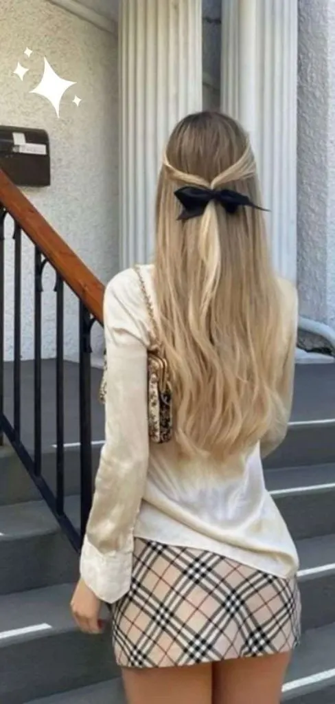 black ribbon and burberry skirt