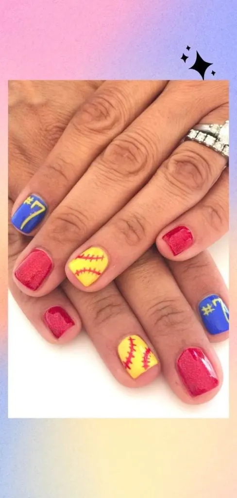 yellow red blue softball nail