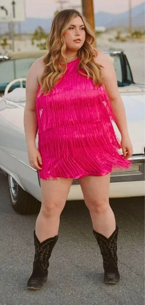 plus size fringe dress and cowboy boots