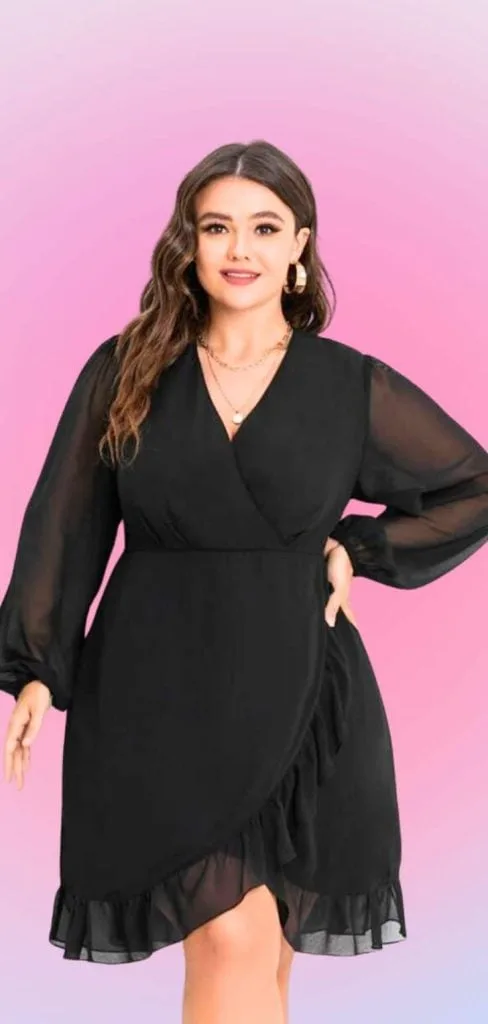 Mesh sleeve black wrap dress