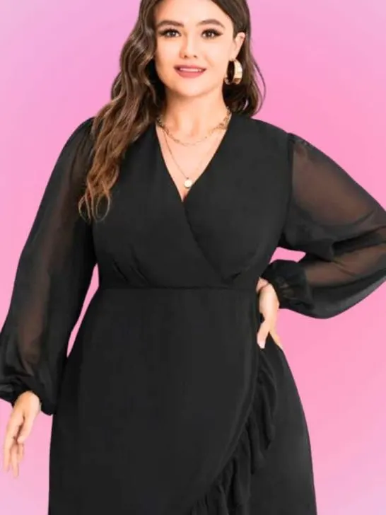 β€οΈππΌ12 plus size black wrap dresses + visual tips for longer slimmer legs!