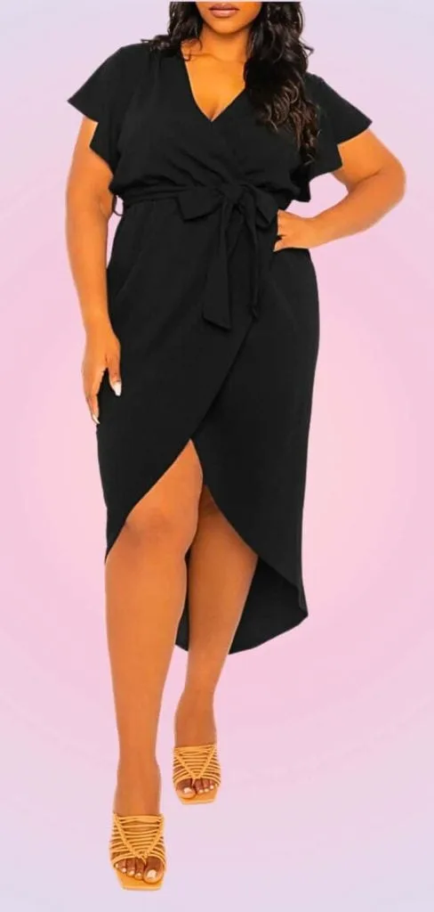 black Ruffle sleeve front split wrap dress