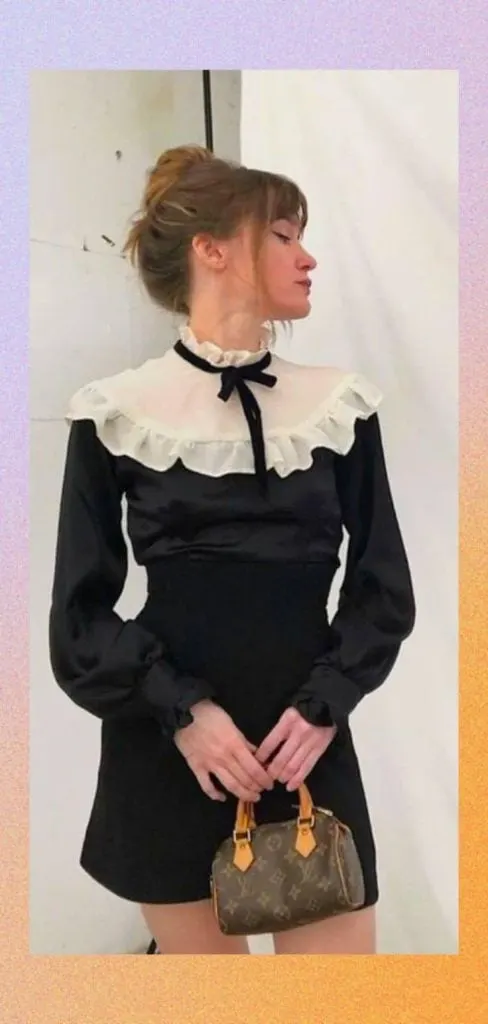 high-collar ribbon dress Paris party