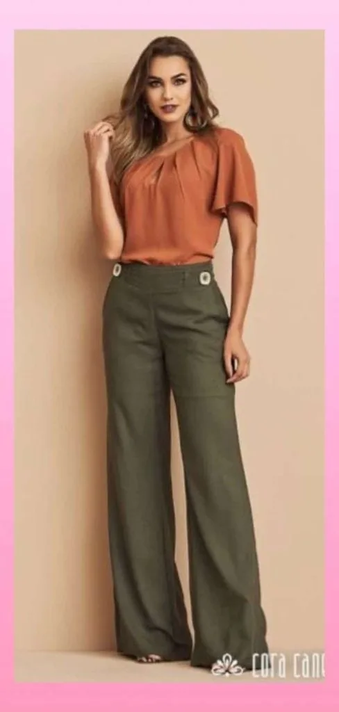 brown top and emerald green pants