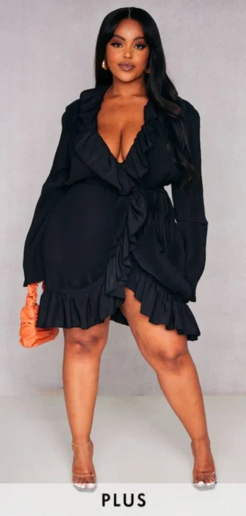 Ruffle black wrap dress plus size