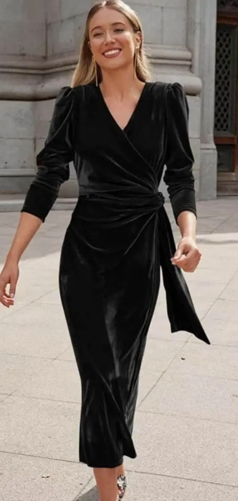 Velvet black wrap dress plus size