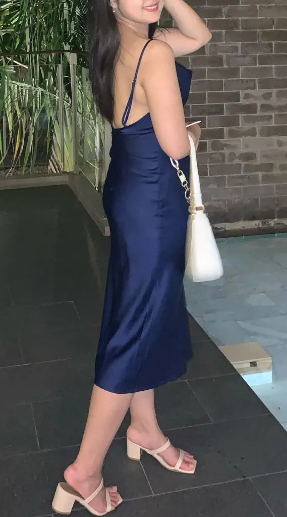 satin blue dress feminine natrually