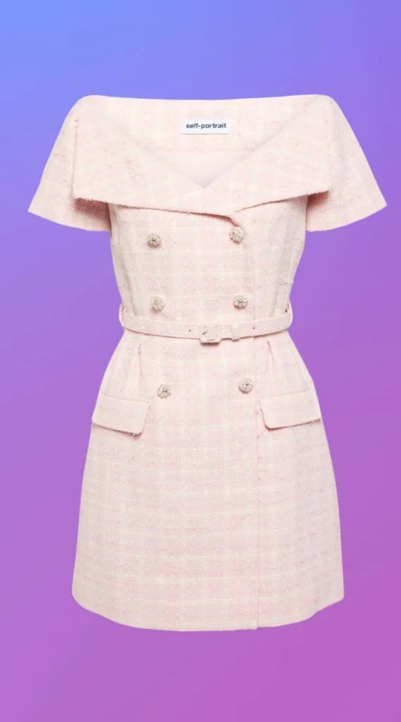 pink Self Portrait Belted embellished bouclé mini dress