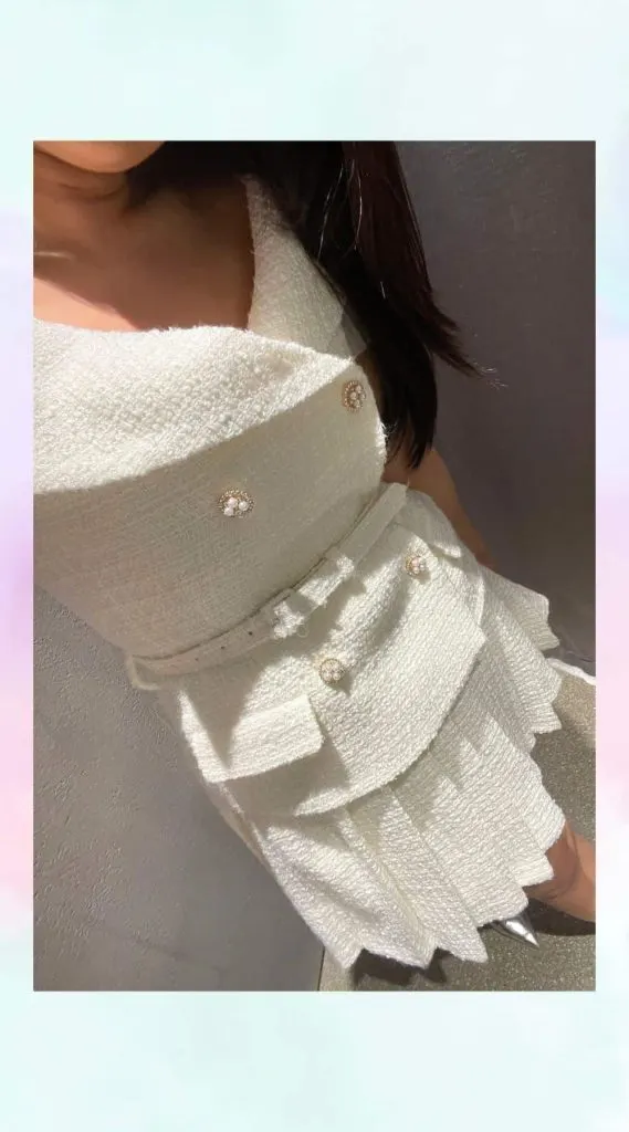 white Self Portrait Belted embellished bouclé mini dress