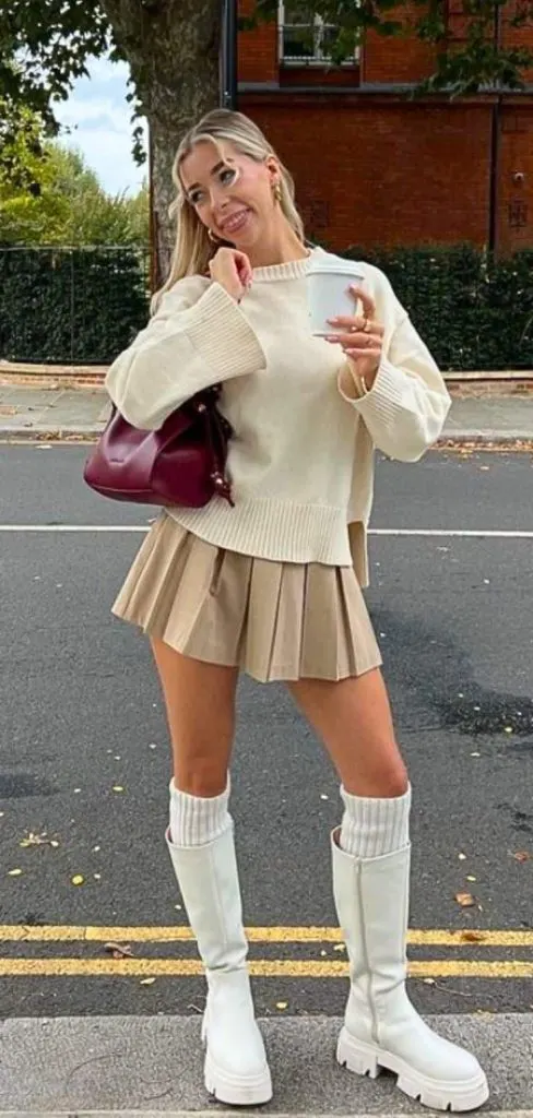 short pleated skirt winter white monotone outfit white boots